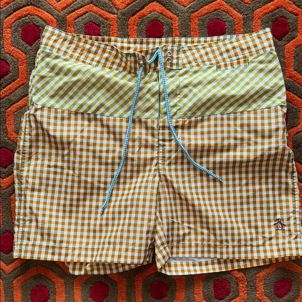 Original Penguin Orange & Green Board Shorts Swimwear Gingham style Swim Trunks